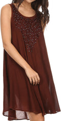 Sakkas Vilaya Short Sleeveless Embroidered Sequin Tank Top Caftan Dress / Cover Up#color_DarkBrown