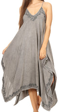 Sakkas Eleonora Stonewashed Embroidered Spaghetti Strap Handkerchief Dress#color_Grey