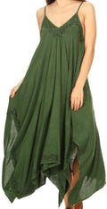 Sakkas Eleonora Stonewashed Embroidered Spaghetti Strap Handkerchief Dress#color_LightGreen