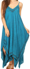 Sakkas Eleonora Stonewashed Embroidered Spaghetti Strap Handkerchief Dress#color_Turquoise