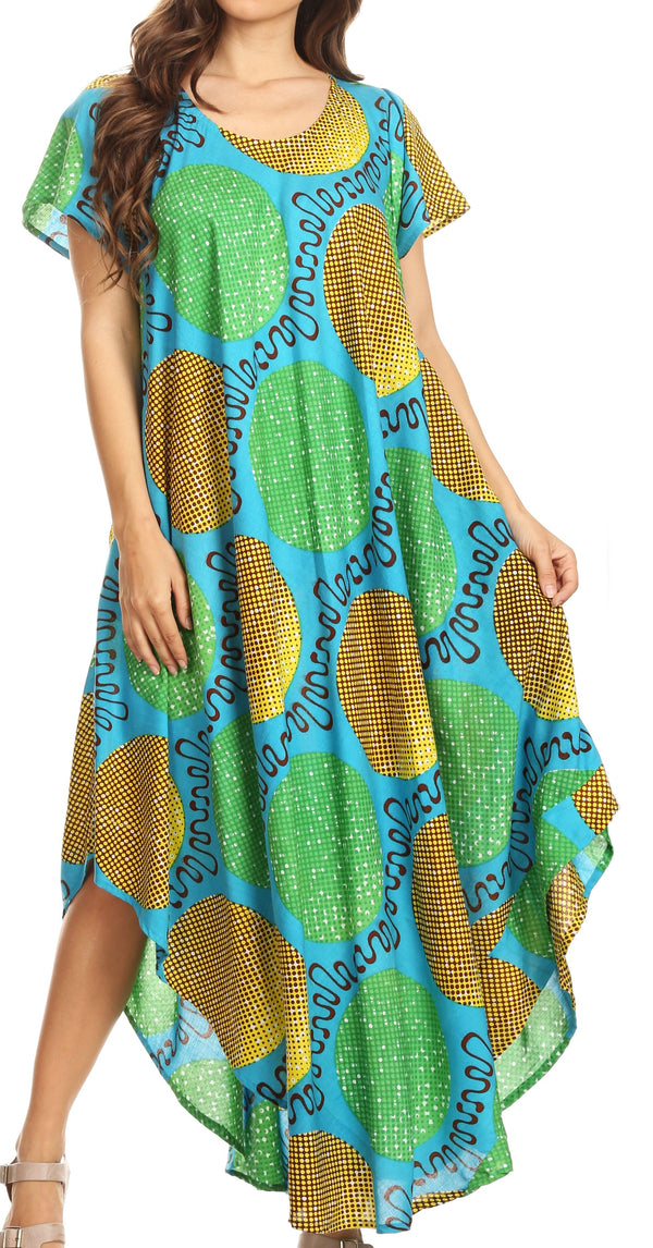 Sakkas Merve Womens Maxi Short Sleeve  Dress High Low on Ankara Print w/Pockets#color_TurquoiseGreen