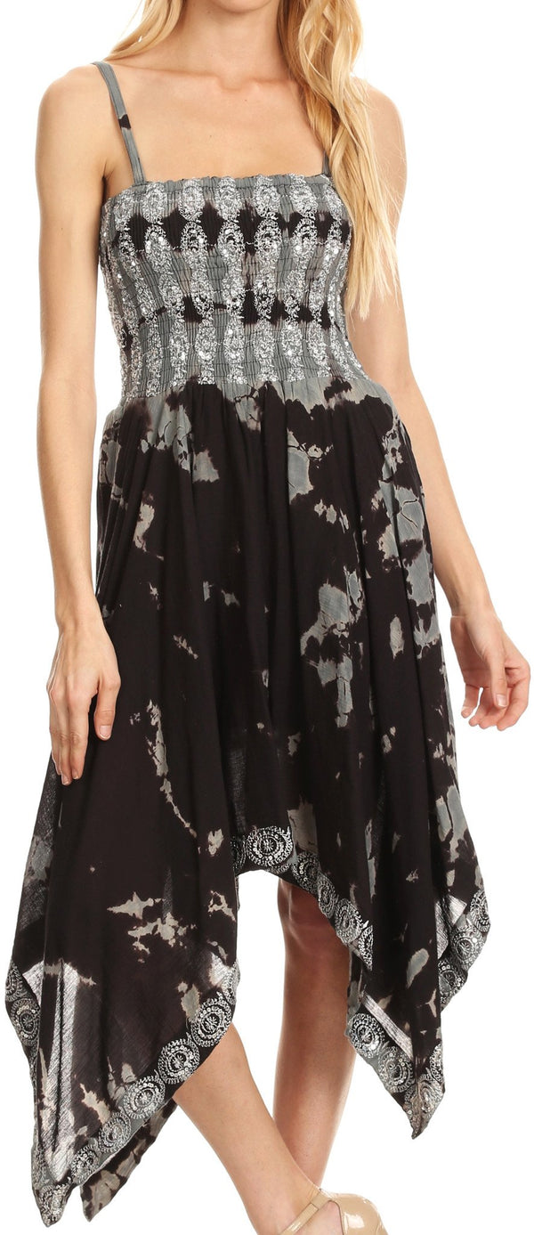 Sakkas Naira Tie Dye Smocked Bodice Hi-Low Handkerchief Hem Dress#color_Black/Grey