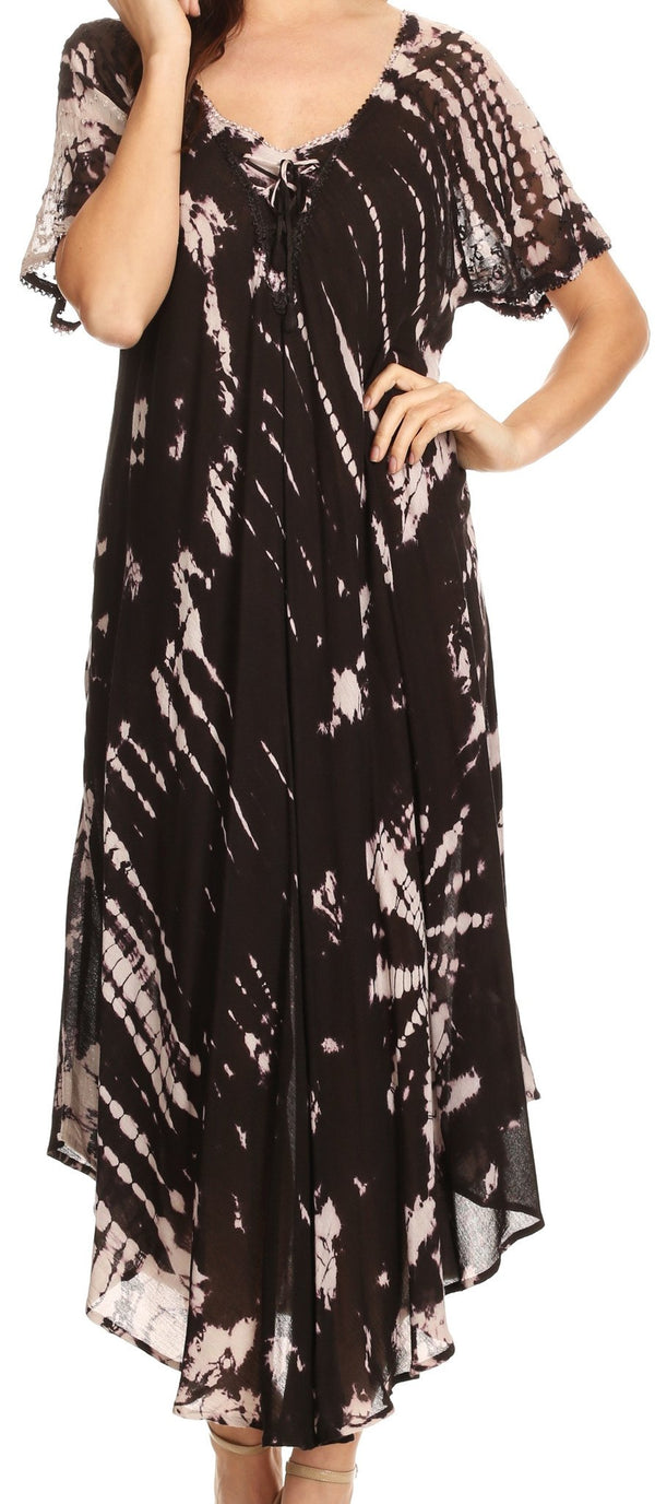 Sakkas Ria Tie Dye Embroidered Cap Sleeve Wide Neck Caftan Dress / Beach Cover Up#color_Black