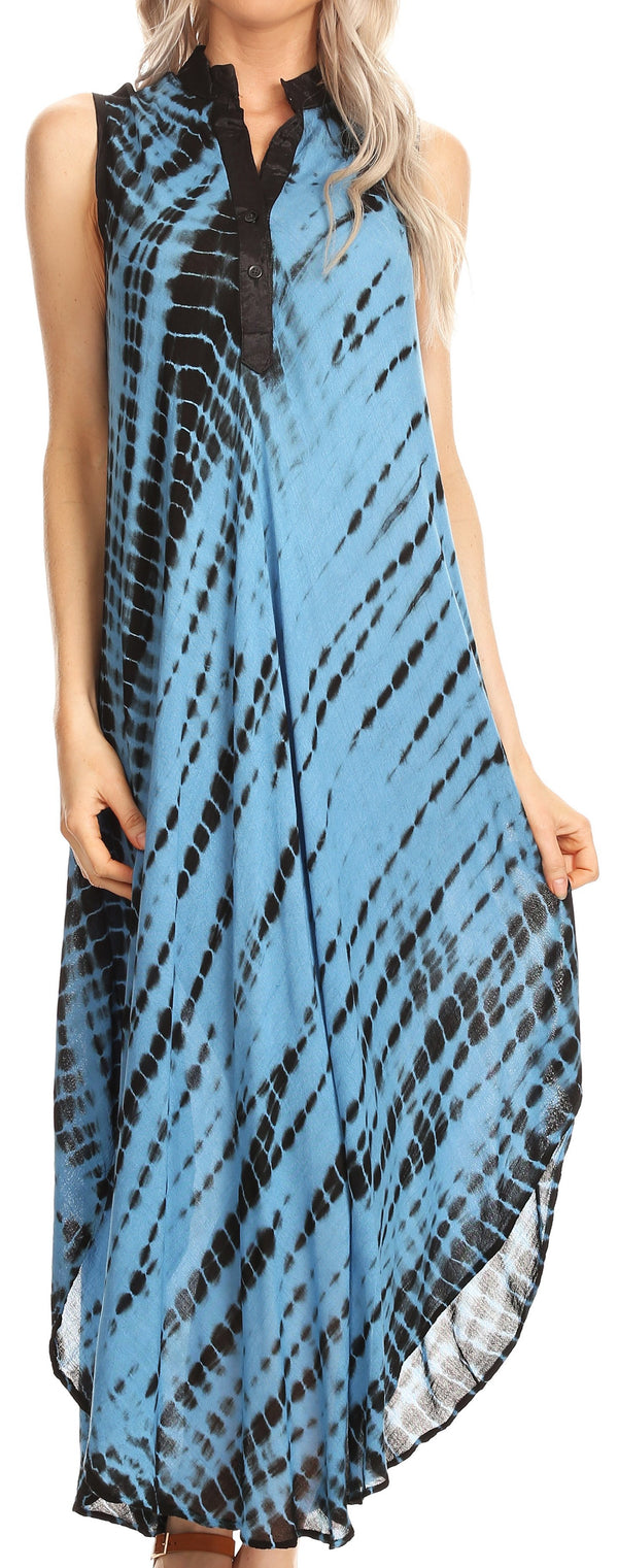 Sakkas Olivia Lightweight Sleeveless Tie Dye Dress with Mandarin Collar#color_Blue/Black