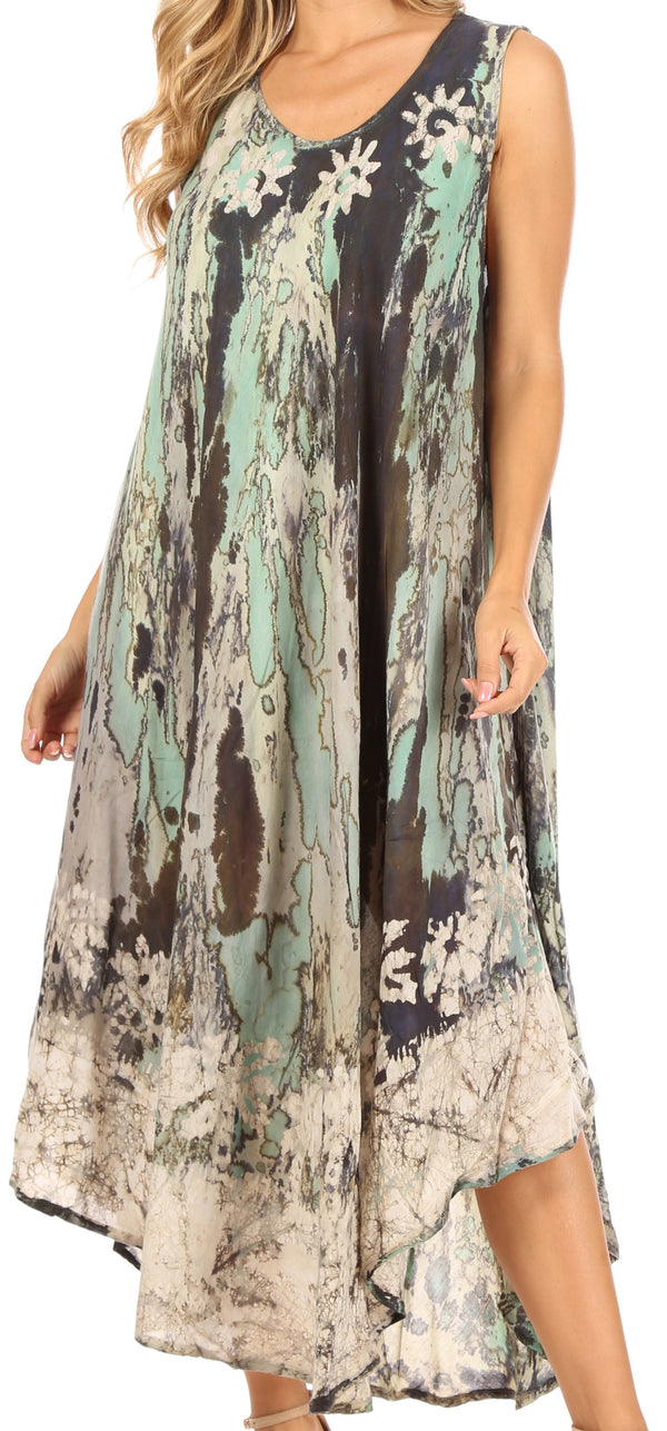 Sakkas Julia Boho Flared Multi-color Marble Batik Rayon Long Dress  / Cover Up#color_Green