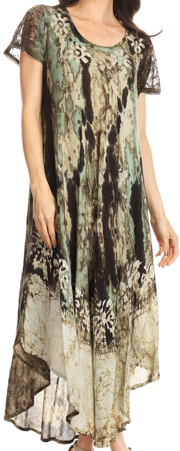 Sakkas Liliana Short Sleeve Watercolor Batik Dress/ Cover Up#color_Green