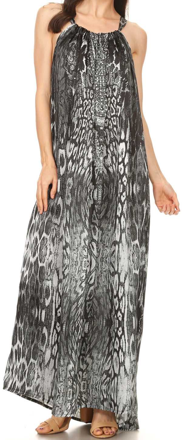 Sakkas Calypso Long Adjustable Column Dress with Animal Print and Rhinestones#color_Black