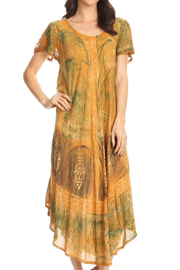 Sakkas Talia Ethnic Print Short Sleeve Long Dress/Cover Up#color_Beige