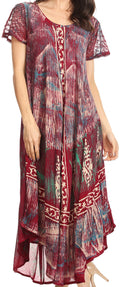 Sakkas Talia Ethnic Print Short Sleeve Long Dress/Cover Up#color_Burgundy