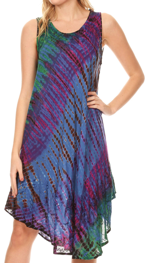 Sakkas Isola Women's Tank Summer Bohemian Swing Midi Dress Sleeveless Tie-dye#color_Blue