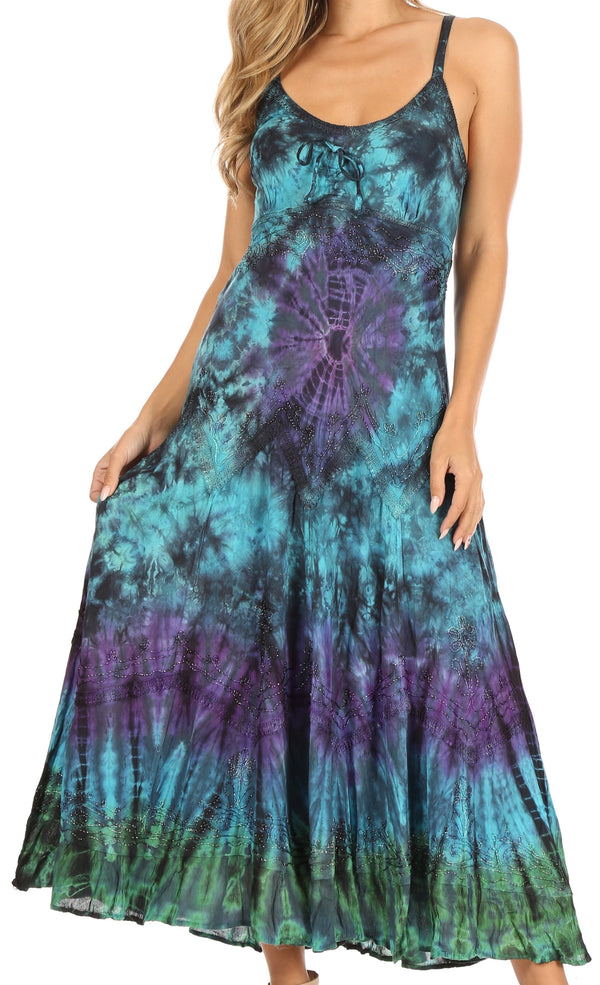 Sakkas Adela Women's Tie Dye Embroidered Adjustable Spaghetti Straps Long Dress#color_Fuschia