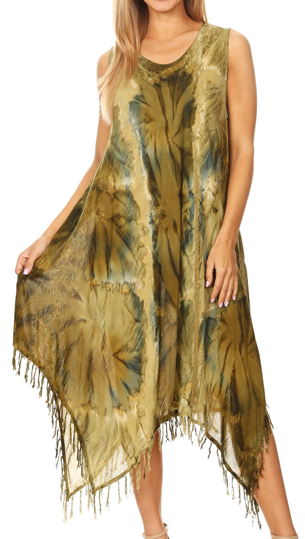 Sakkas Lara Women's Casual Fringe Loose Maxi Sleeveless Dress Caftan Cover-up#color_19284-Olive