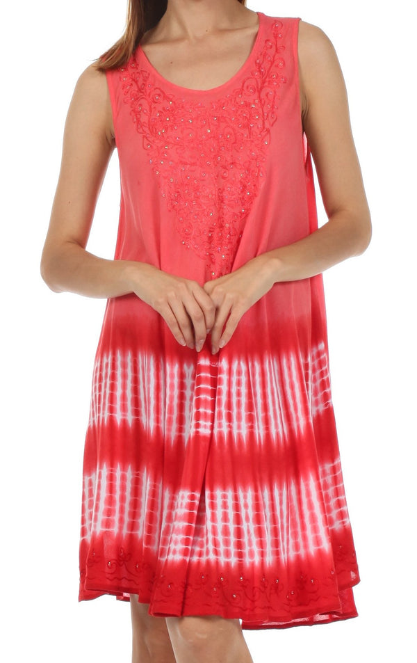 Sakkas Stripe Tie Dye Tank Sheath Dress / Cover Up#color_Coral