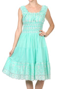 Sakkas Women's Gwendolyn Sequin Embroidered Smocked Bodice Peasant Dress#color_Seafoam