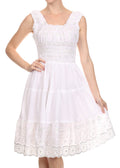 Sakkas Women's Gwendolyn Sequin Embroidered Smocked Bodice Peasant Dress#color_White