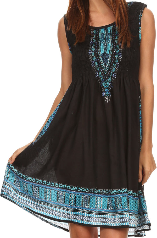 Sakkas Zulla Mid-Length Adjustable Tribal Floral Aztec Batik Tank Top Dress #color_Black