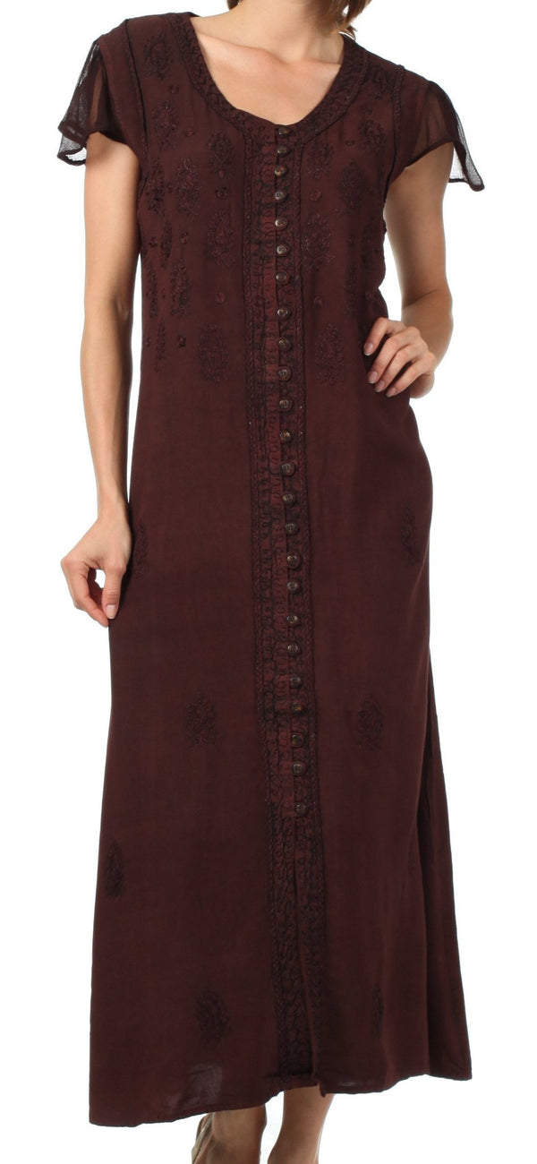 Sakkas Stonewashed Embroidered Cap Sleeve Maxi Long Dress#color_Chocolate