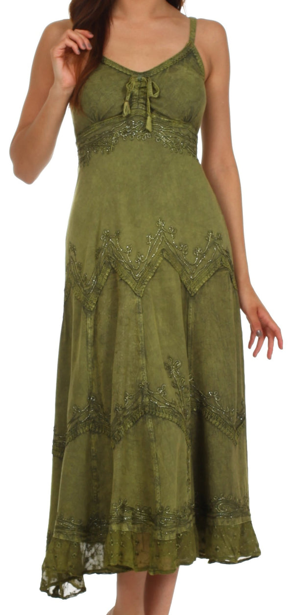 Sakkas Stonewashed Rayon Embroidered Adjustable Spaghetti Straps Long Dress#color_ArmyGreen