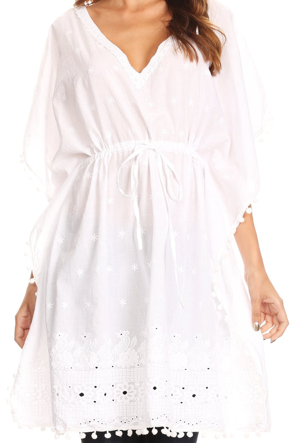 Sakkas Amelia Embroidered Eyelet V-Neck Caftan Cover Up with Drawstring Waist#color_White