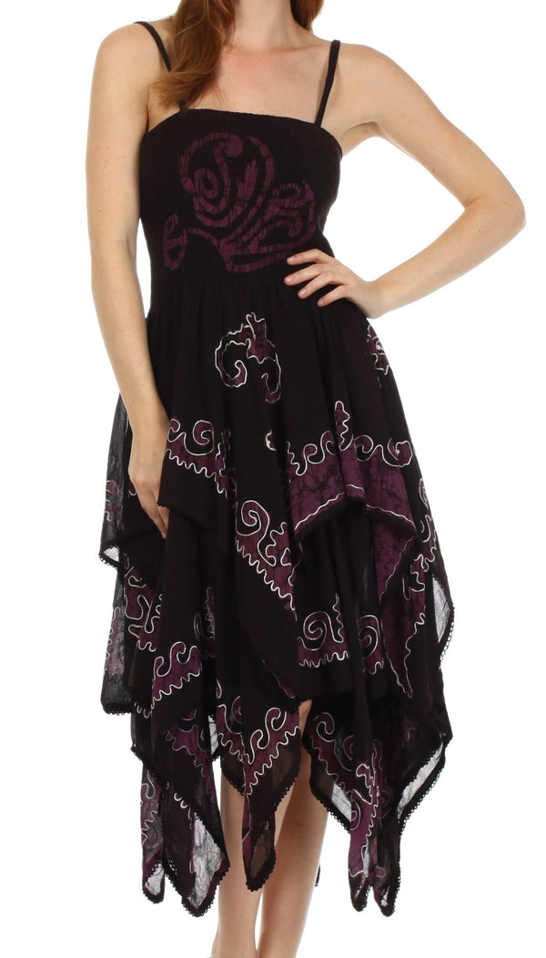 Sakkas Batik Smocked Bodice Handkerchief Hem Dress#color_Black/Grey