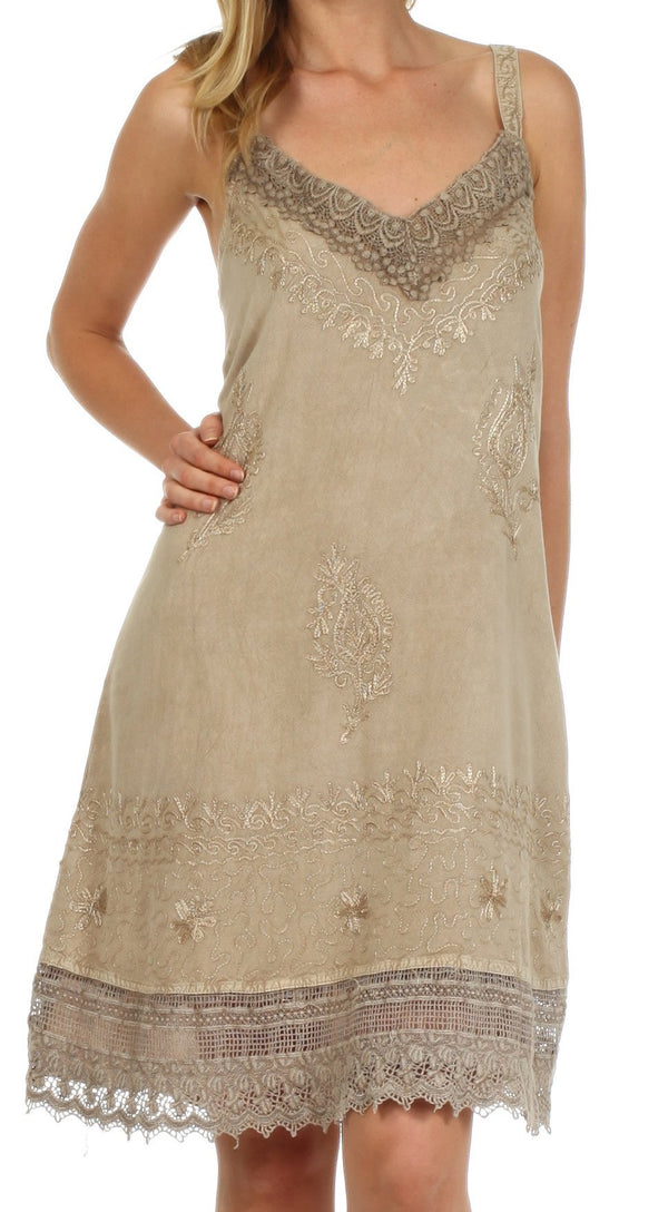 Sakkas Ramita Embroidered Rayon Dress#color_Beige