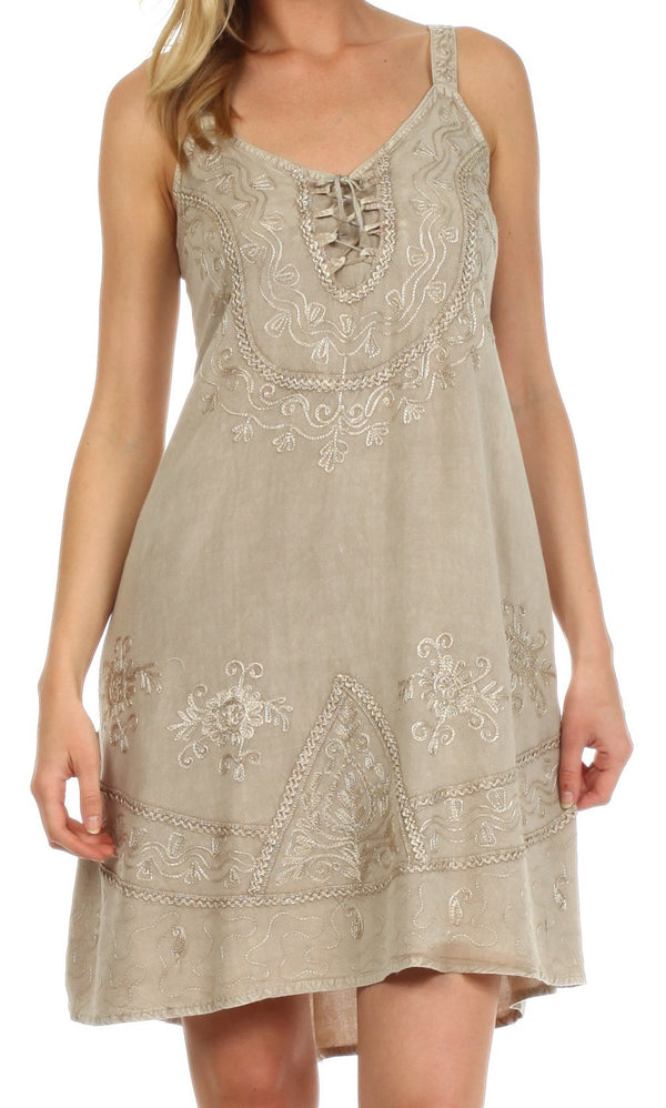 Sakkas Indira Embroidered Rayon Dress#color_Beige