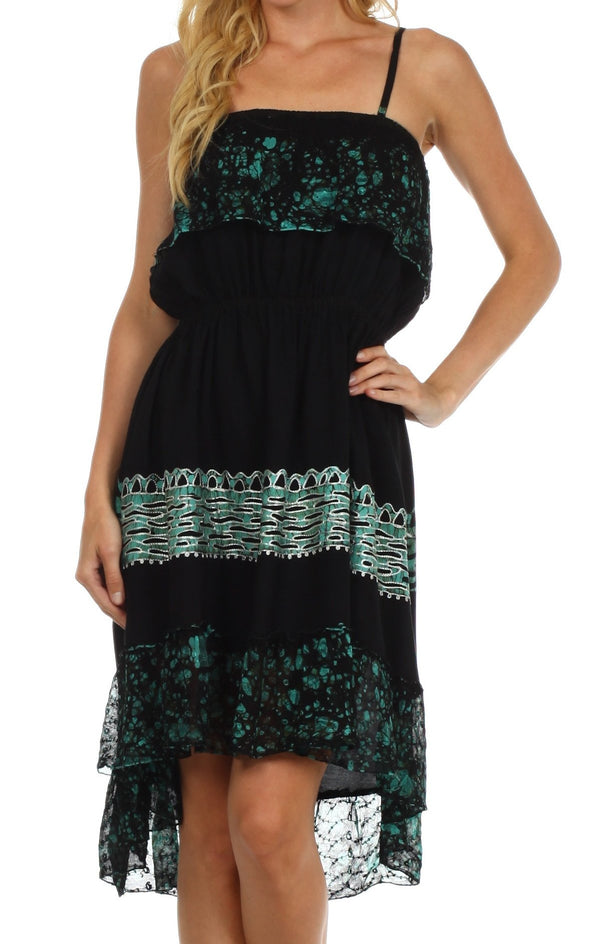 Sakkas Akshita Batik Hi Lo Crepe Ruffle Dress#color_Black/AntiqueGreen