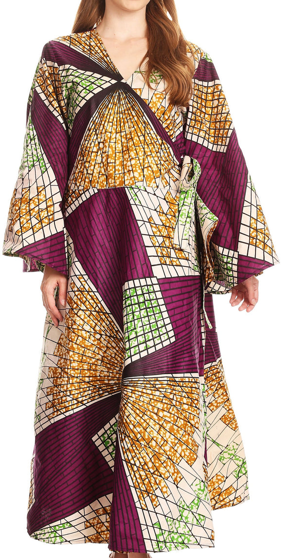 Sakkas Amina Long Wrap Around Bell Sleeve Full Circle Dress Ankara Wax African#color_Eggplant/mosaic