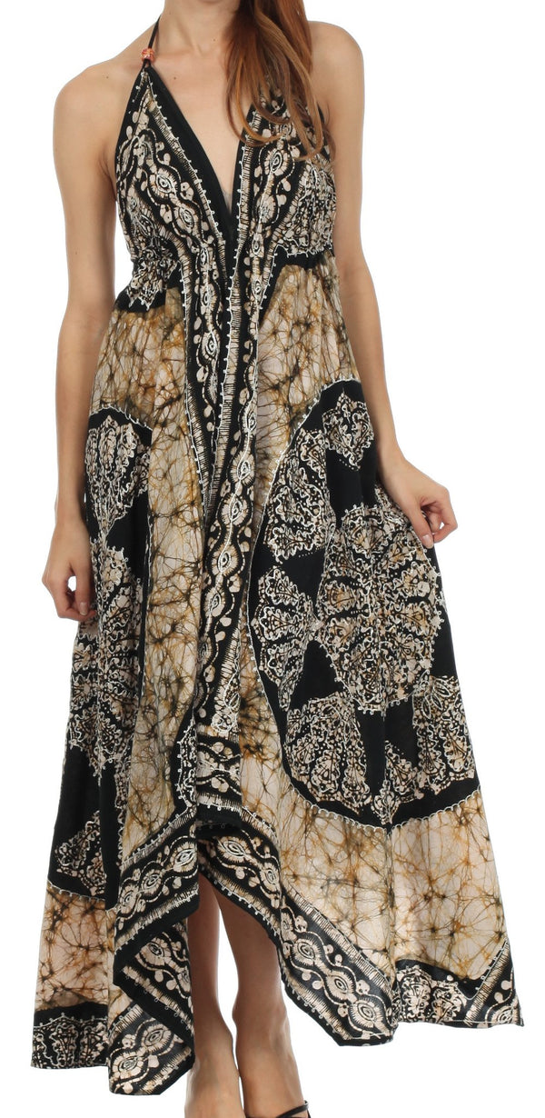 Sakkas Batik Medallion Handkerchief Hem Adjustable Dress#color_Black/Beige