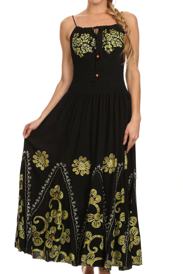 Sakkas Batik Embroidered Empire Waist Dress#color_Black/Green