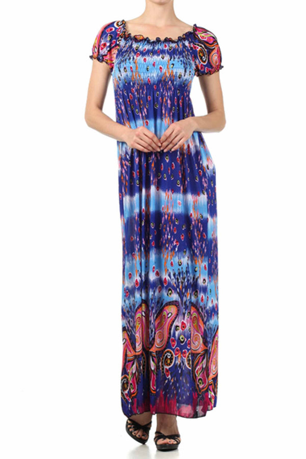 Sakkas Butterfly Smocked Bodice Cap Sleeve Maxi Dress#color_Blue