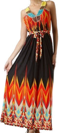 Beaded Neckline Tribal Inspired Graphic Print Maxi / Long Dress#color_Red