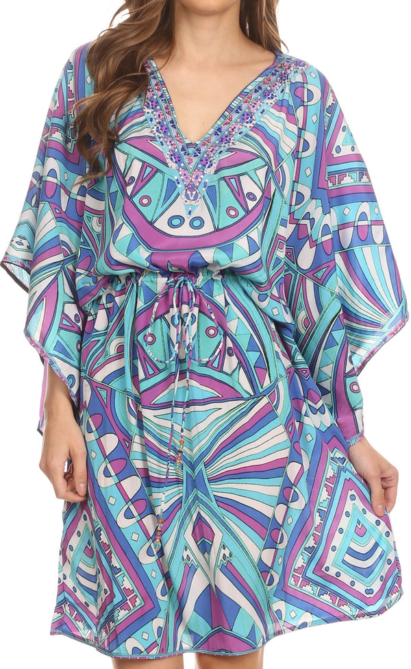 Sakkas Zander Drawstring Waist Dress / Cover Up With Rhinestone  V-Neck#color_Turquoise/Purple