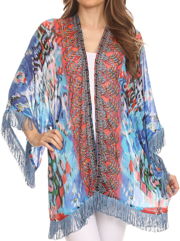 Sakkas Kimono Finley Sheer Kimono Top Cardigan Jacket With With Fringe And Design Print#color_Turquoise/Multi