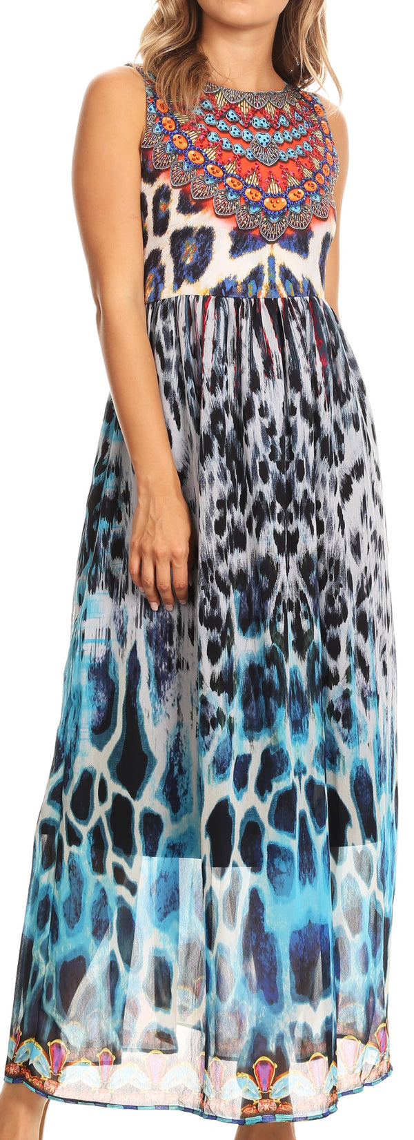 Sakkas Afia Animal Print Empire Waist sleeveless Long Dress with Embellishment#color_17211-BlackMulti