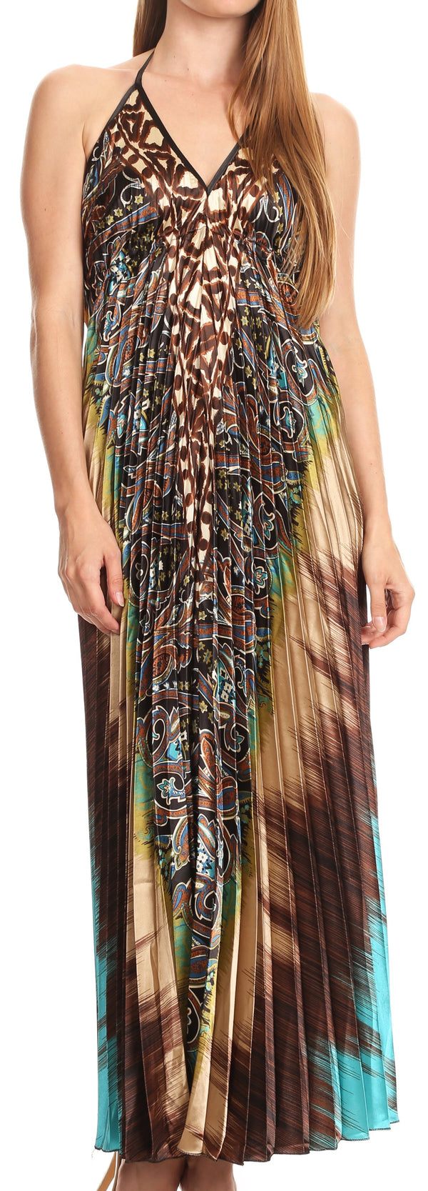 Sakkas Zira Adjustable Long Pleated Empire Waist Dress Paisley Evening Satin#color_Brown/Turquoise