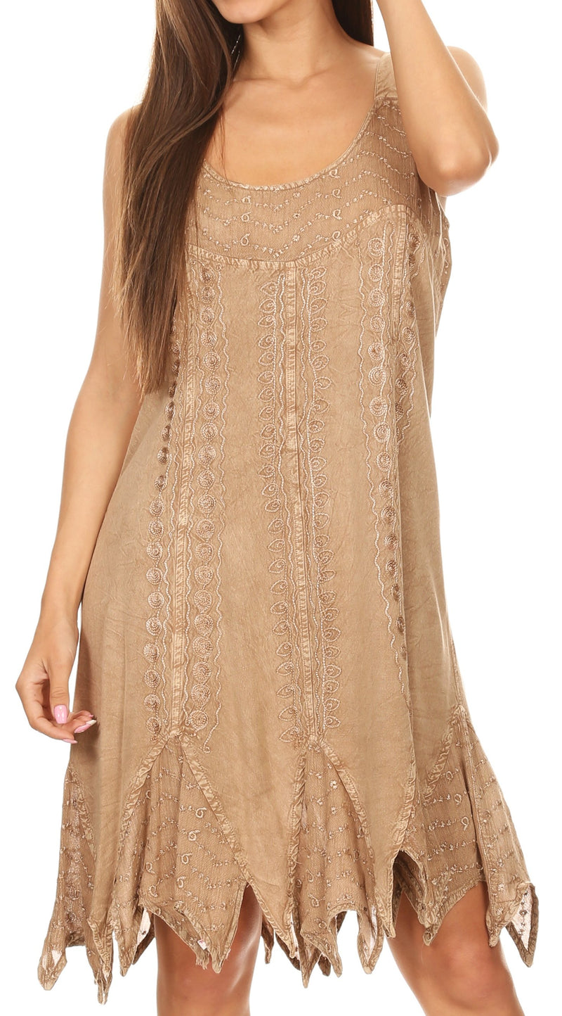 Sakkas Josiane Sleeveless Batik Midi Slim Dress with Embroidery and Pixi Hem