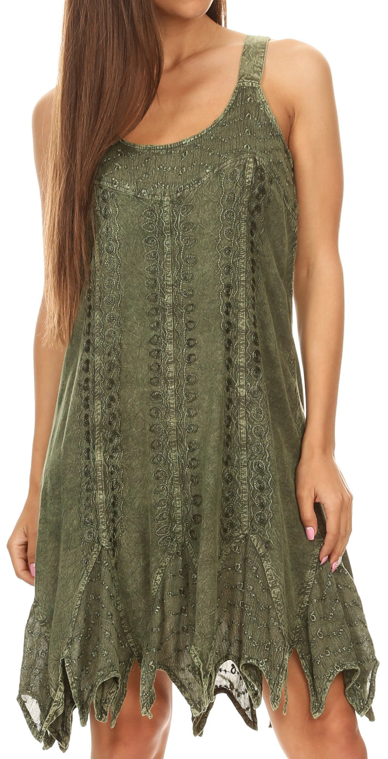 Sakkas Josiane Sleeveless Batik Midi Slim Dress with Embroidery and Pixi Hem