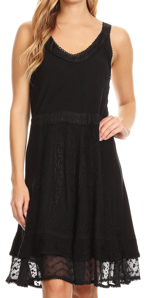 Sakkas Dalila Sleeveless Midi Dress Stonewash with Embroidery and Crochet Lace#color_Black