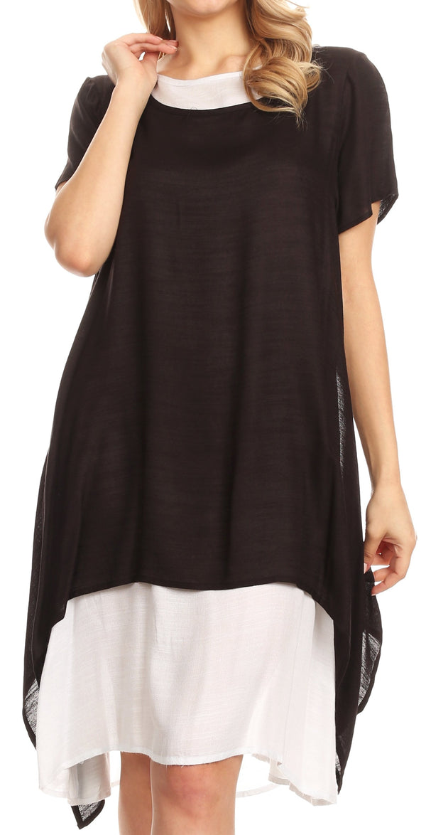 Sakkas Arina Midi Double Layered Short Sleeve Dress Solid with Pockets#color_Black