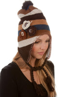 Sakkas Crochet Flower Multi-Color Stripe Fully Lined Earflap Hat#color_ChocolateCream