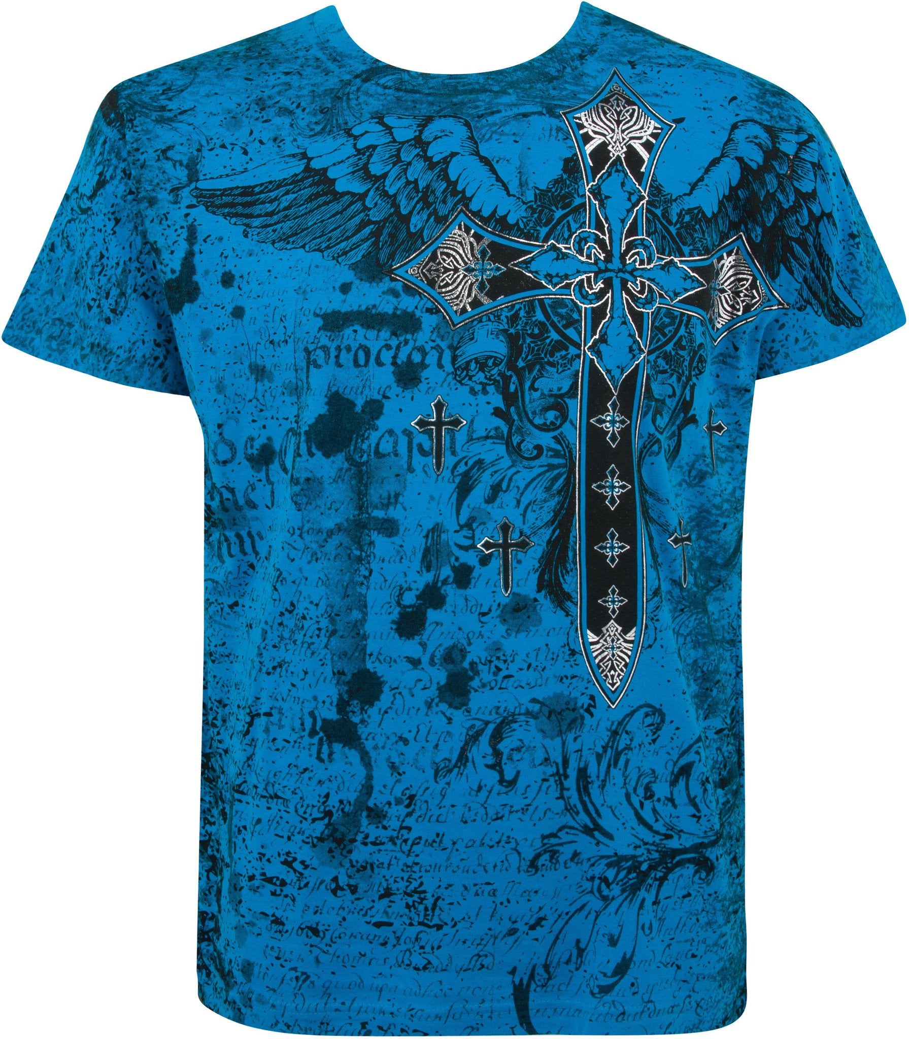 Metallic Silver Embossed Cross Short Sleeve Crew Neck Cotton Mens Fash