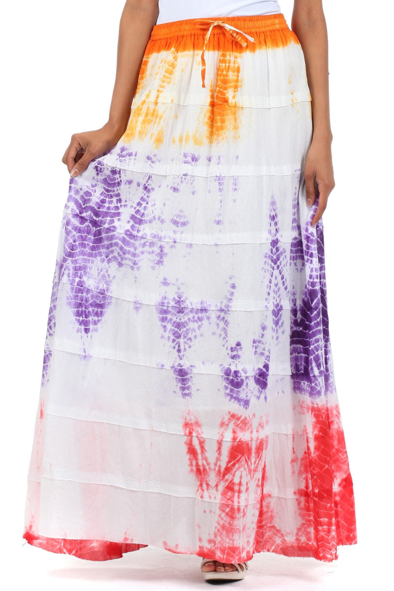 Sakkas Raw Edge Tie Dye Gypsy Boho Peasant Long Cotton Skirt