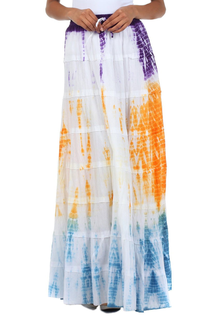 Sakkas Raw Edge Tie Dye Gypsy Boho Peasant Long Cotton Skirt