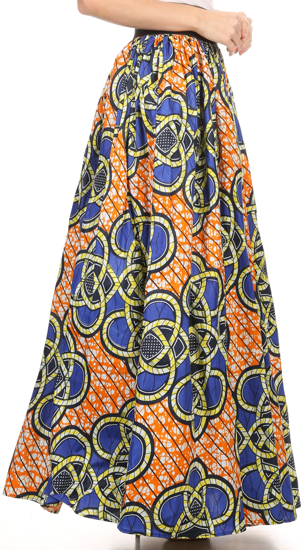 Sakkas Fawna Patterned Long Wax Print Adjustable Waist Skirt With Pock