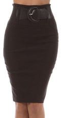 Knee Length High Waist Stretch Pencil Skirt with Wide Beltt#color_Black