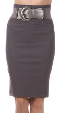 Knee Length High Waist Stretch Pencil Skirt with Wide Beltt#color_Charcoal