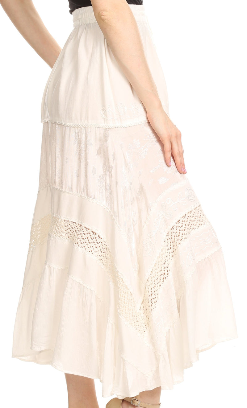 Sakkas Sally Bohemian Casual Mid Length Skirt with Crochet Lace Full Circle