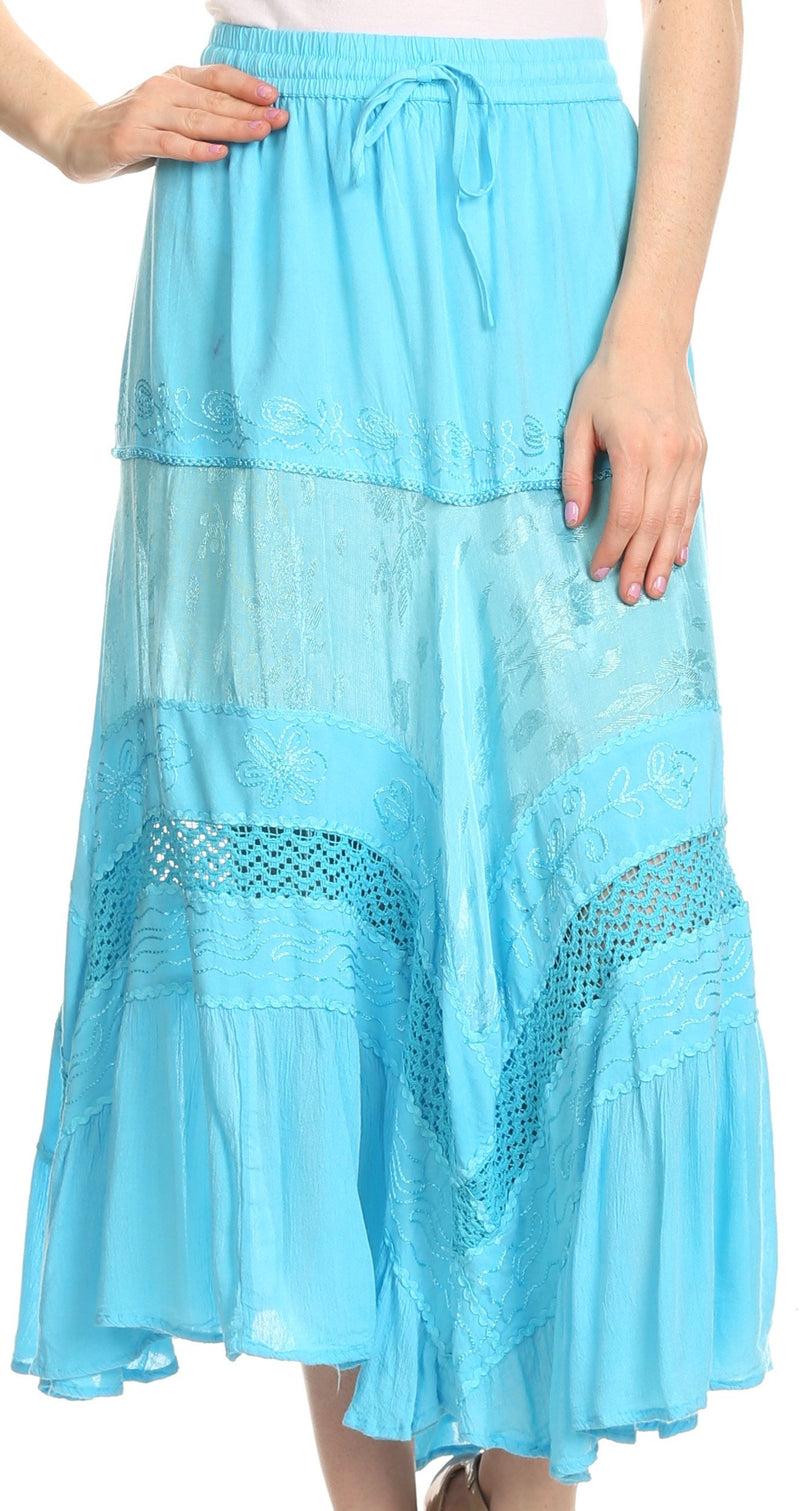 Sakkas Sally Bohemian Casual Mid Length Skirt with Crochet Lace Full Circle