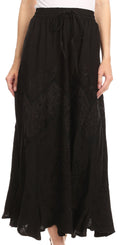 Sakkas Evelyn Womens Stonewashed Maxi Ruffle Skirt with Elastic Waist & Embroidery#color_Black